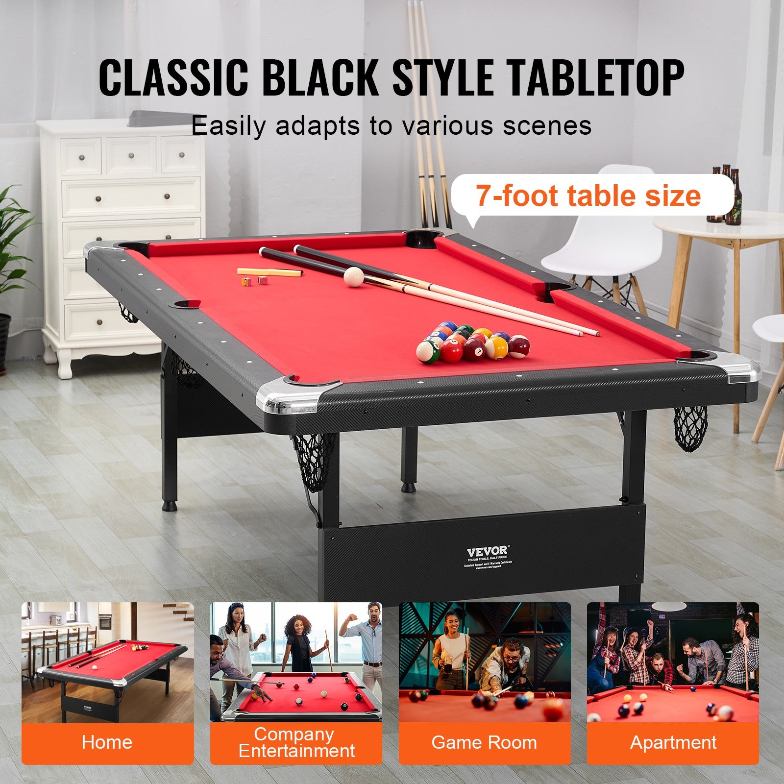 VEVOR Table De Billard 213,4 Cm En Tissu Rouge Pour Salle De Jeux Familiale