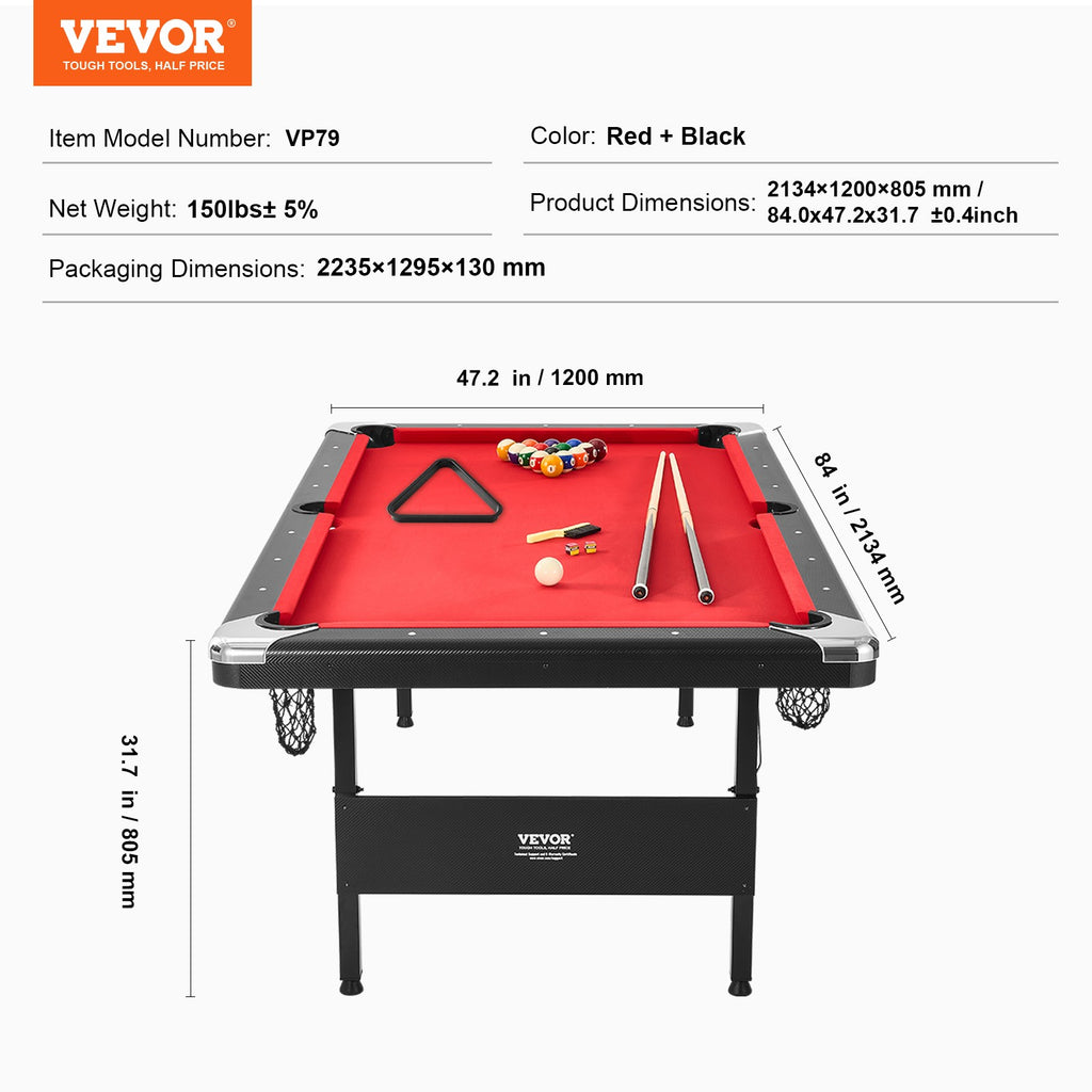 VEVOR Table De Billard 213,4 Cm En Tissu Rouge Pour Salle De Jeux Familiale