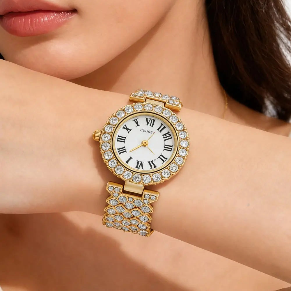 Crystal-Encrusted Diamond Bracelet Watch Adjustable Elegant Wrist Watches Precise Water Resistant Wristwatch Birthday Gift